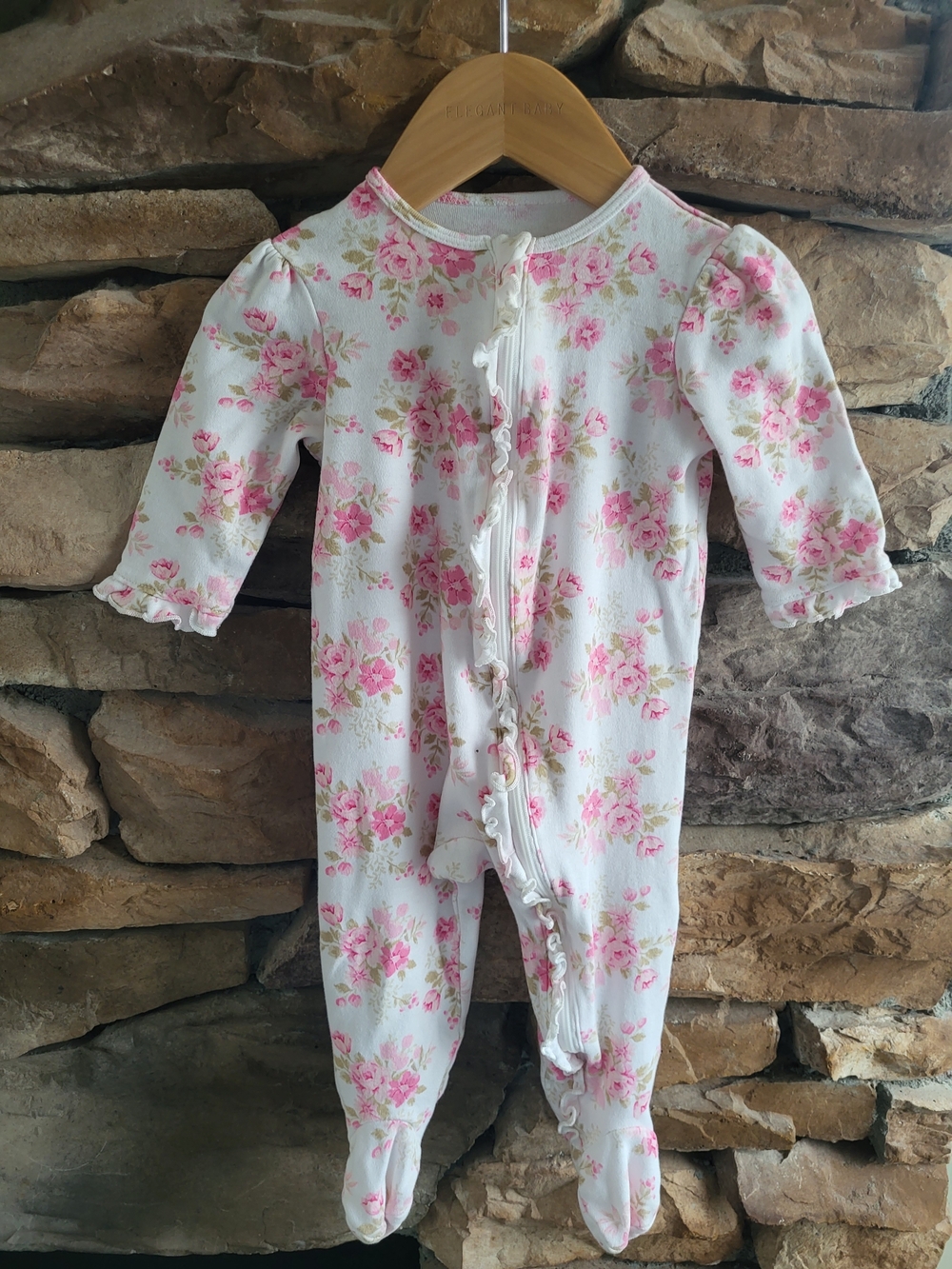 Little Me White Footed One-Piece with Pink Floral Print And Ruffles 9m